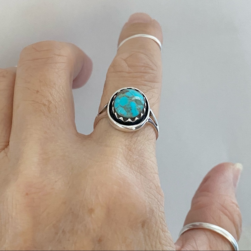 Sterling Silver Round Genuine Turquoise Ring, Stone Ring, Silver Ring, Boho Ring - Picture 5 of 13
